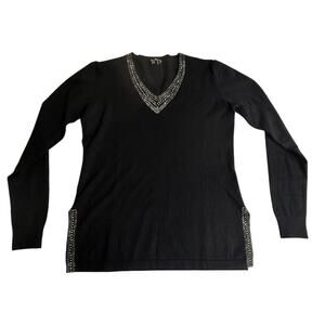 VTG Vila Milano Black Rhinestone Studded Long Sleeve V-Neck Tee Women SM Sweater
